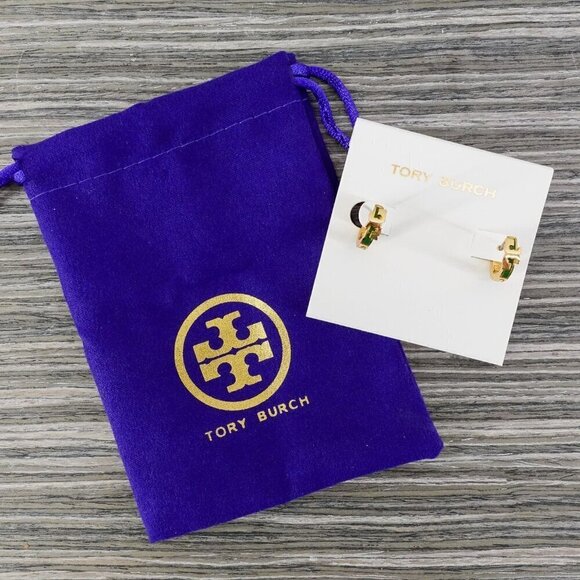 Tory Burch Serif-T Enamel Huggie Hoop Earrings Green OS - Picture 11 of 12